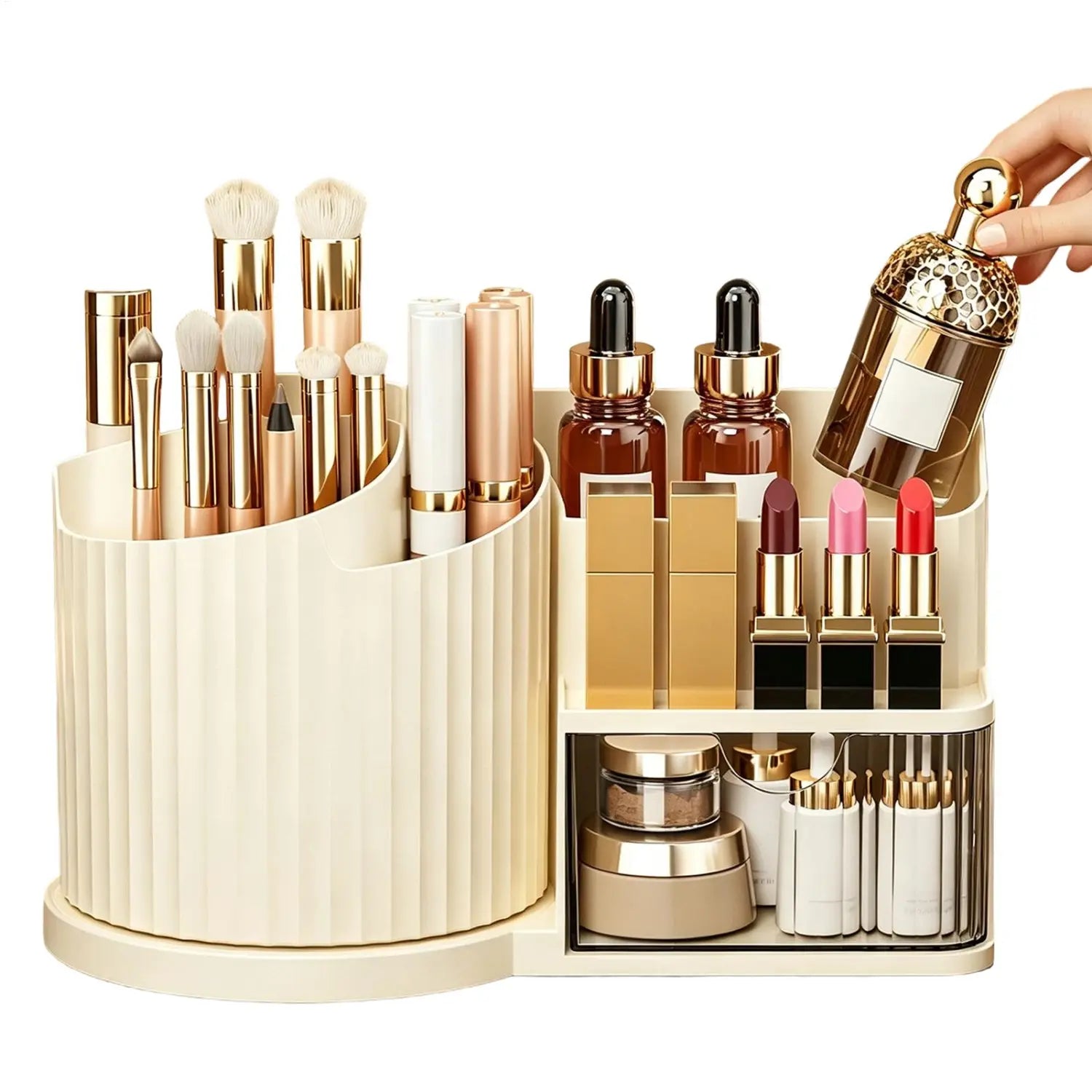 Cremefarbener, gerippter Kunststoff-Organizer für Kosmetika mit großer Kapazität, goldtonigen Akzenten und mehreren Fächern für Pinsel, Lippenstifte, Fläschchen und Cremes.