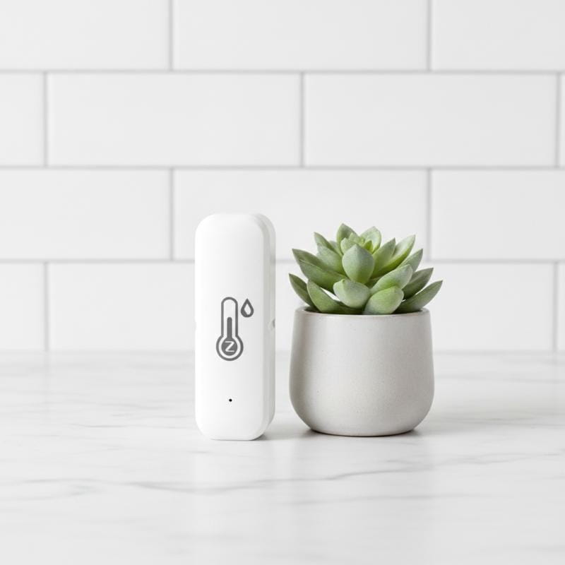 white rectangular smart wireless temperature monitor with minimalist design and gray temperature icon featuring a humidity sensor for precise environmental tracking