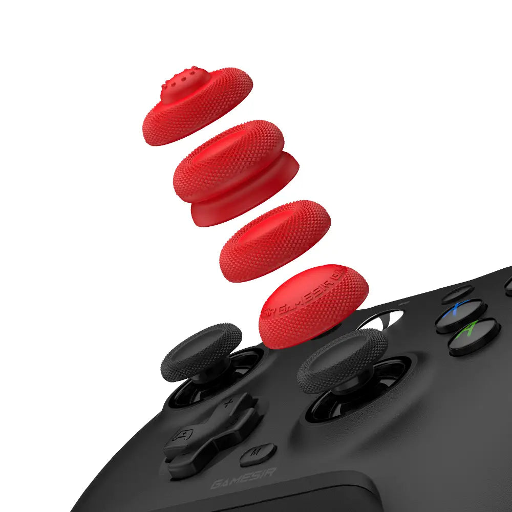 Red textured grip caps for a black gaming controller included in the Gamesir G7 magnetic faceplate and accessories kit.