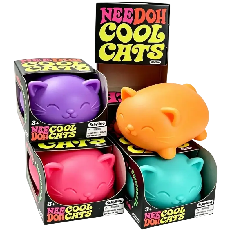 Brightly colored soft silicone needoh cool cats sensory fidget toys in purple orange pink and teal for anxiety relief