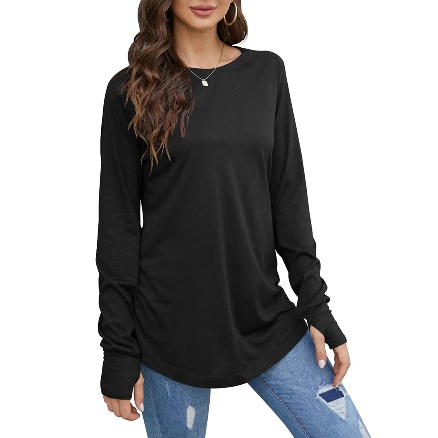 black long sleeve cotton tunic top with a relaxed fit, round neck, and subtle ruching at the cuffs.