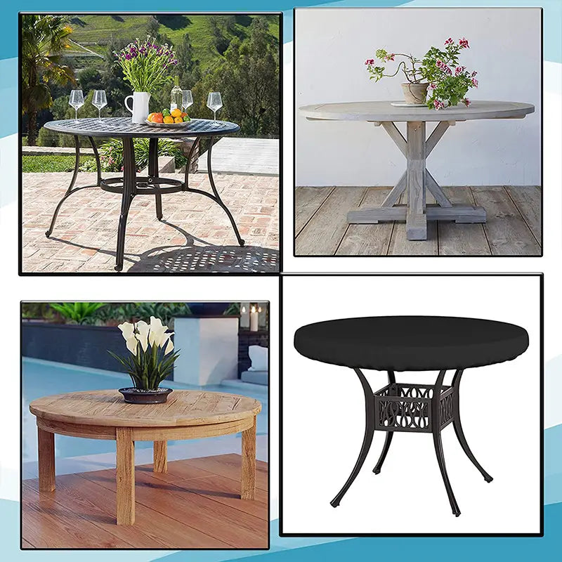Funda de mesa de jardín al aire libre redonda impermeable en negro, con un diseño ceñido y liso sobre una base de estructura metálica.