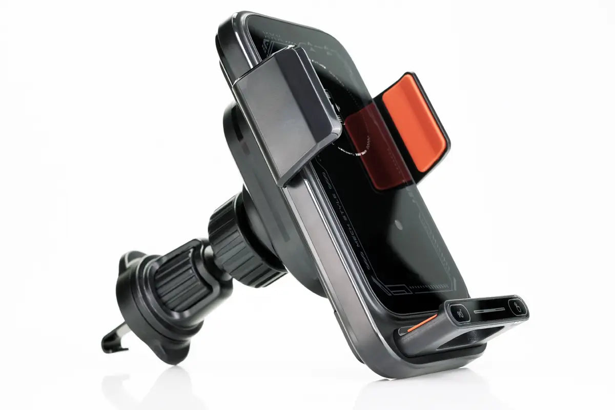 Black and orange wireless car phone charger 15w mount with adjustable clamp for secure phone placement.