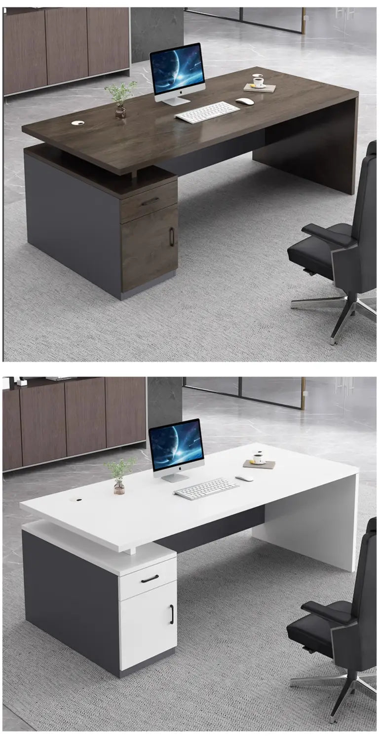 Bureau de travail en bois moderne avec tiroirs de rangement, présentant un plateau en bois foncé et une base noire sur l’image du haut, et un plateau blanc avec une base grise sur l’image du bas.