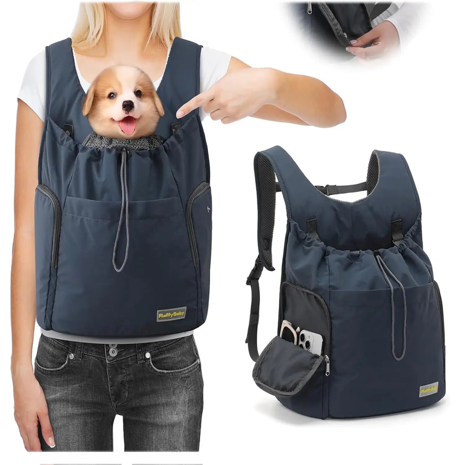 Sac à dos de transport pour animaux bleu marine Ruffybee pour la poitrine, le cou et le dos, transporteur souple avec poche avant pour petit chien et compartiments de rangement latéraux pour chats et chiens.