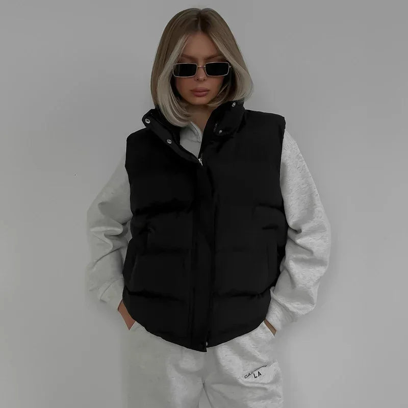 Winter Padded Vests For Woman Zipper Hooded Sleeveless Jacket and Waistcoats Fashion Warm Parkas Coat Outerwear Streetwear