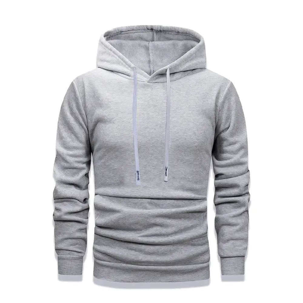 Herren-Fleece-Pullover-Hoodie in Grau mit passendem Kordelzug und gerippten Bündchen, für lässige Winterbekleidung konzipiert.