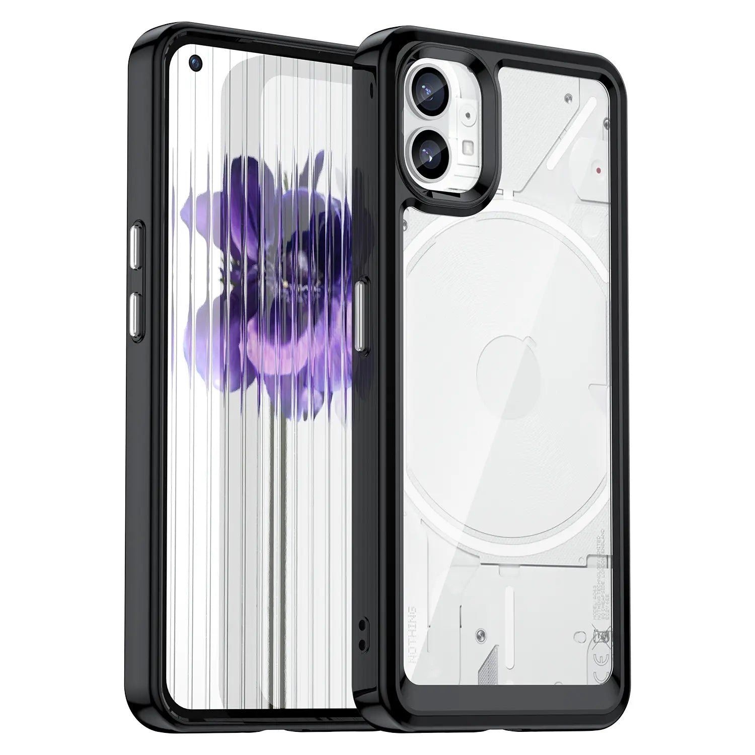 coque Nothing Phone 1 transparente à bord noir avec motif floral violet à l’avant et panneau arrière transparent, présentée depuis l’arrière.