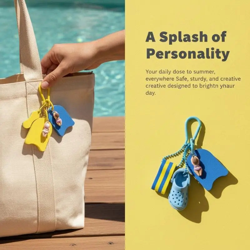 Yellow and blue silicone swim gear keychain featuring a miniature croc-style shoe charm for use as a summer beach clog keychain bag charm.