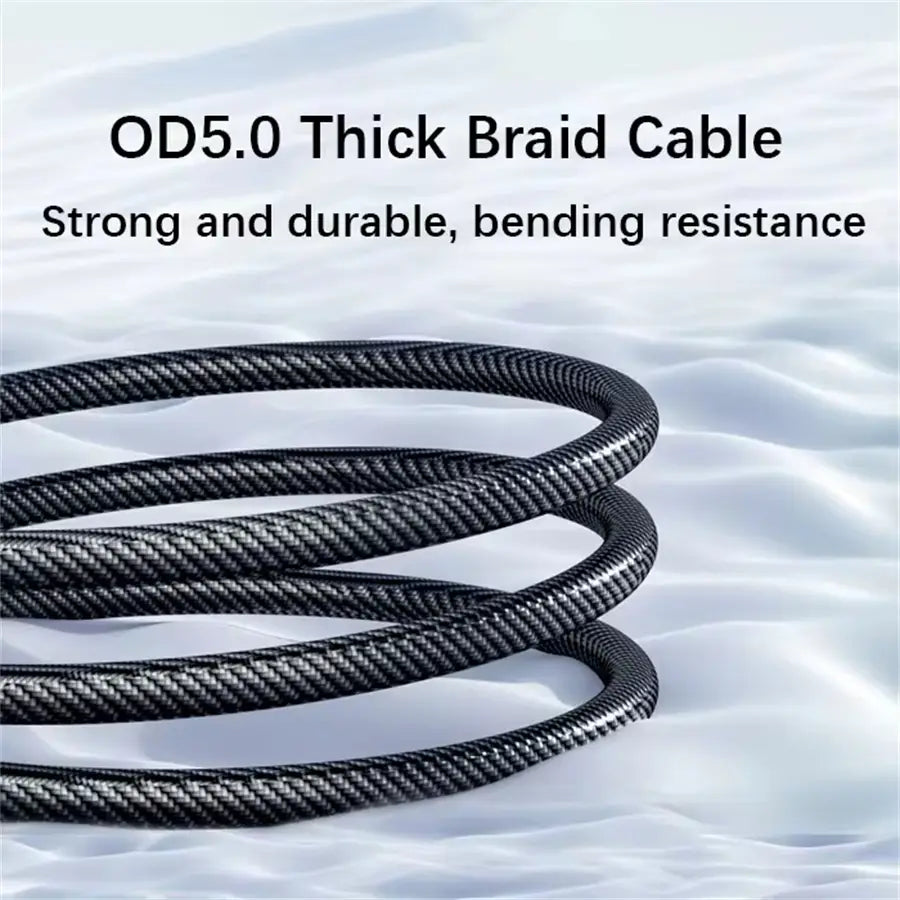 Black od5.0 thick braid 120w fast charging USB A to Type C cable with durable woven texture and bending resistance featuring a digital display.