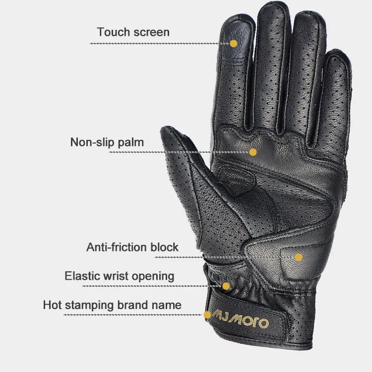 Gant de moto pour homme en cuir noir avec une paume perforée respirante et une zone de protection des articulations renforcée, présenté côté arrière.