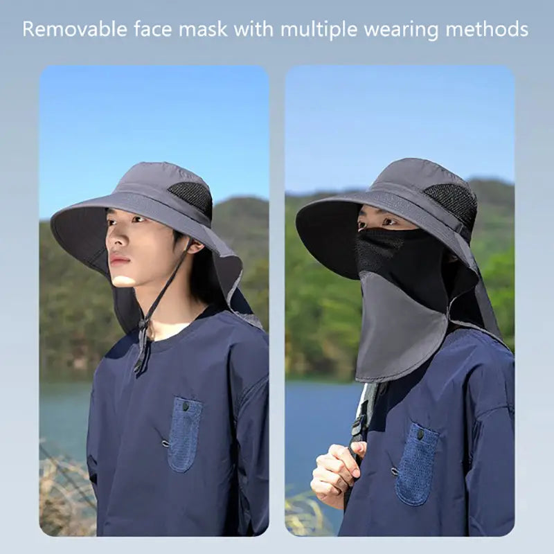 Chapeau de protection solaire gris, à rabat pour la nuque, muni d’un masque facial amovible, d’une ventilation en maille et de bretelles réglables.