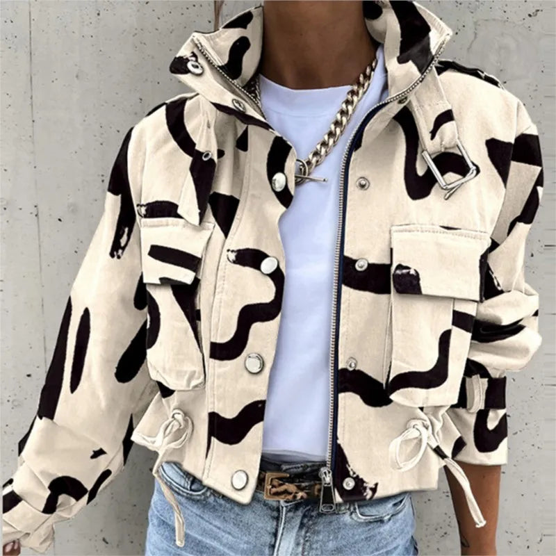 Women's Short Print Trench Jacket Coat With Zipper Stand Collar Loose Windbreaker Casual Clothes Fashion Fall Winter Women Coat