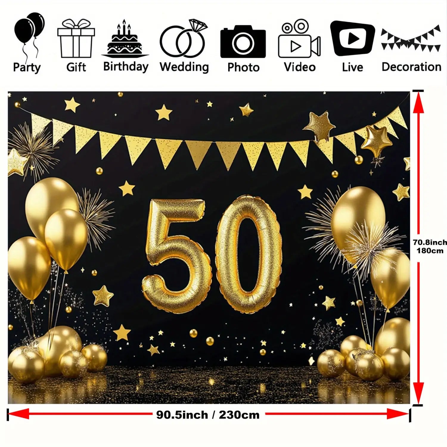 Goldfolien-Nummer-50-Ballonmitte mit goldenen Sterndekorationen und Ballons auf schwarzem Hintergrund für ein 50-jähriges Jubiläums-Partybanner und Fotohintergrund.