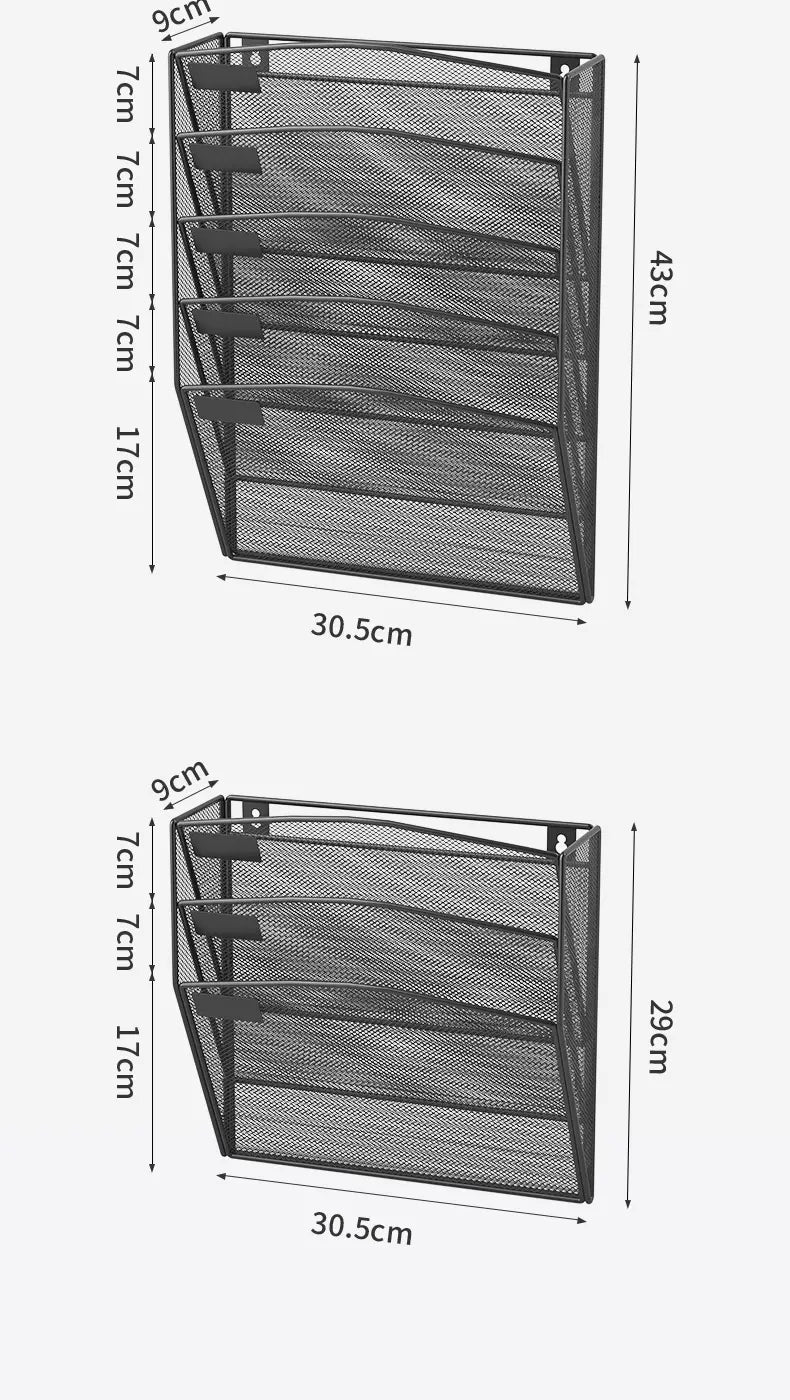 Black metal mesh wall-mounted file organizer with five tiers in white for document storage.