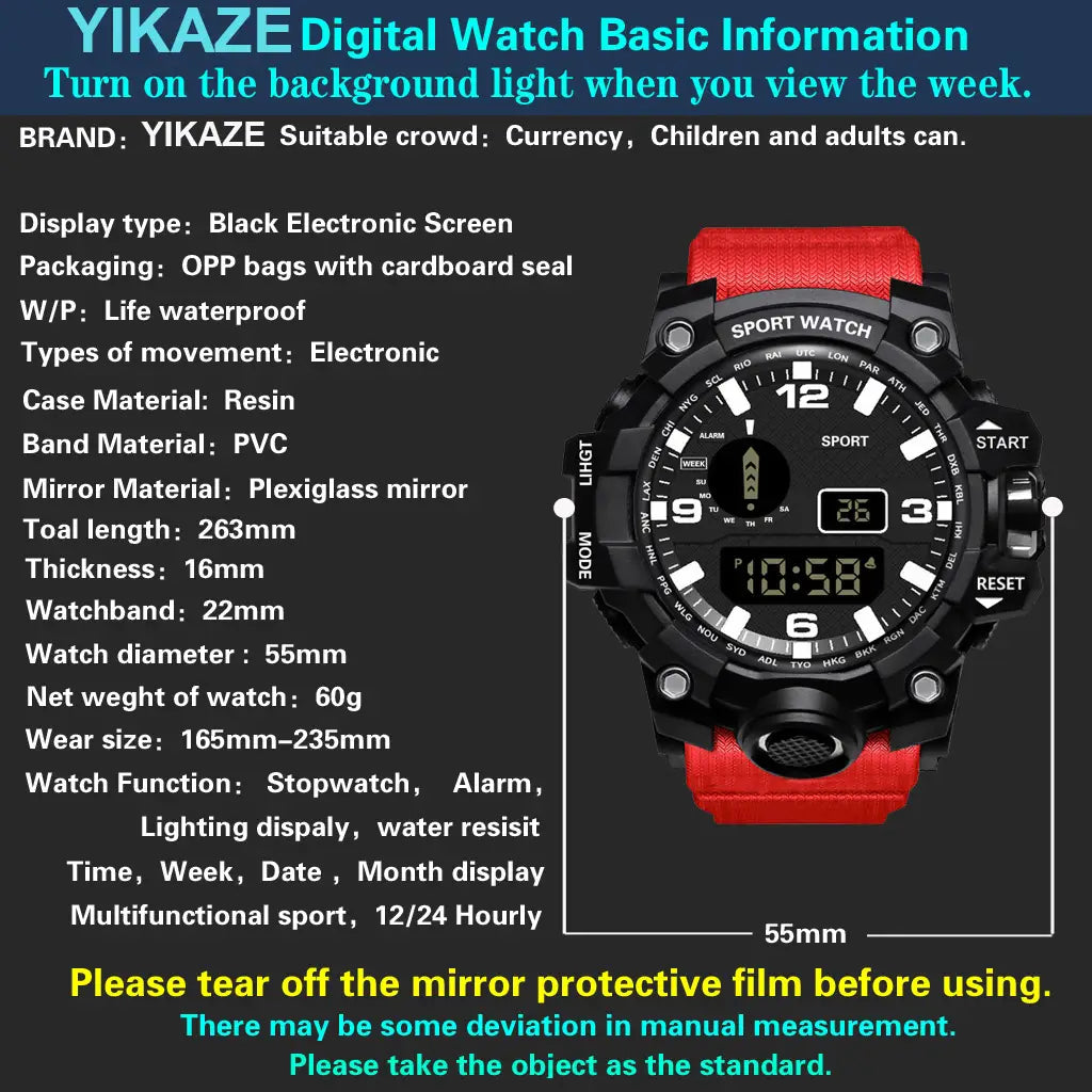 Rote PVC-Herrenuhr, wasserdichte digitale Sportuhr mit großem Zifferblatt, schwarzem Resin-Gehäuse und digitaler Anzeige.