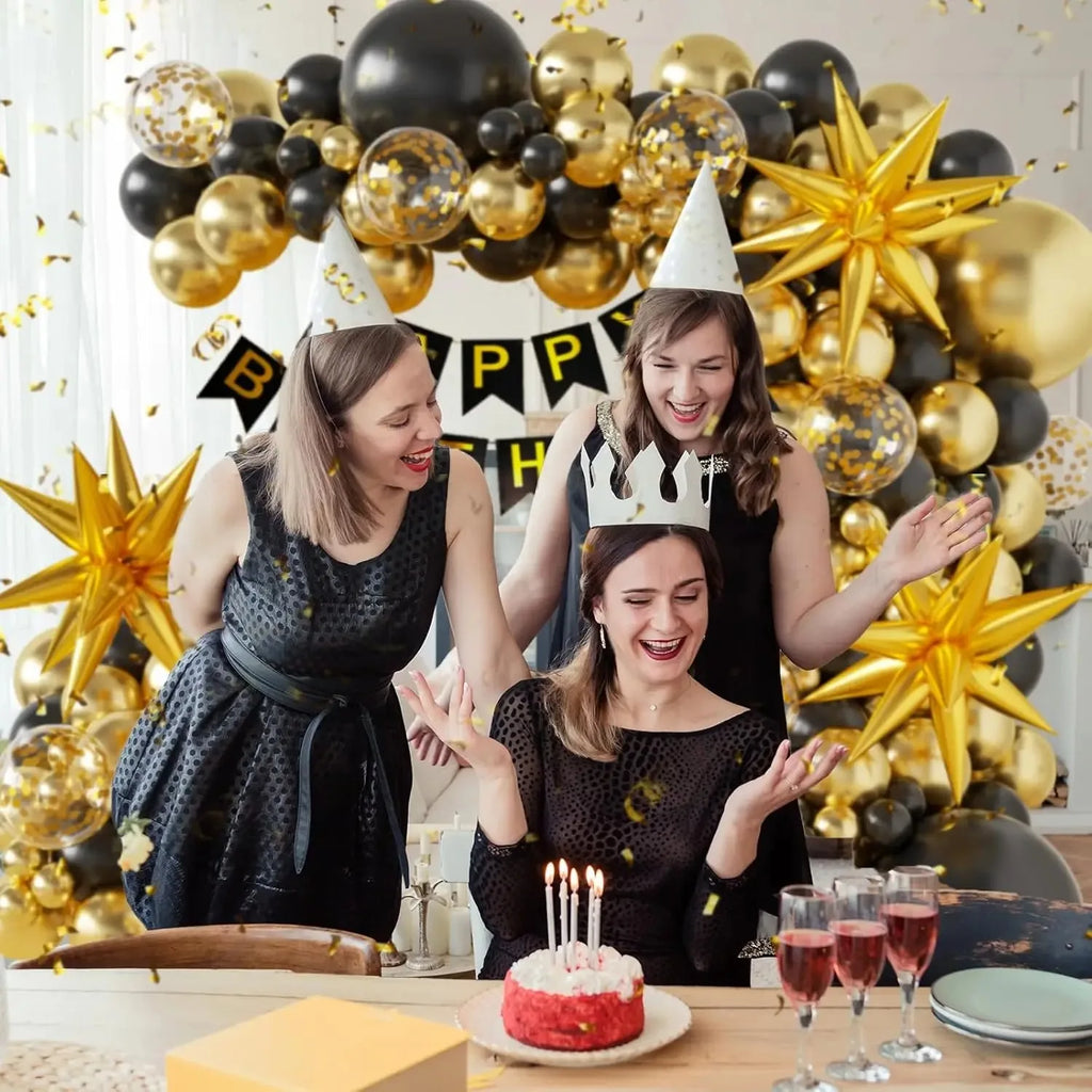 40/50/60th Birthday Decorations, Black Gold Balloon Arch Kit Star Foil Balloons Happy Birthday Banner for Anniversary Party