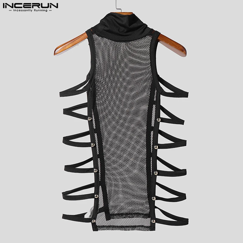 Men Tank Tops Mesh Patchwork See Through Turtleneck Sleeveless SummerMale Vests Streetwear Hollow Out Sexy Men Clothing INCERUN
