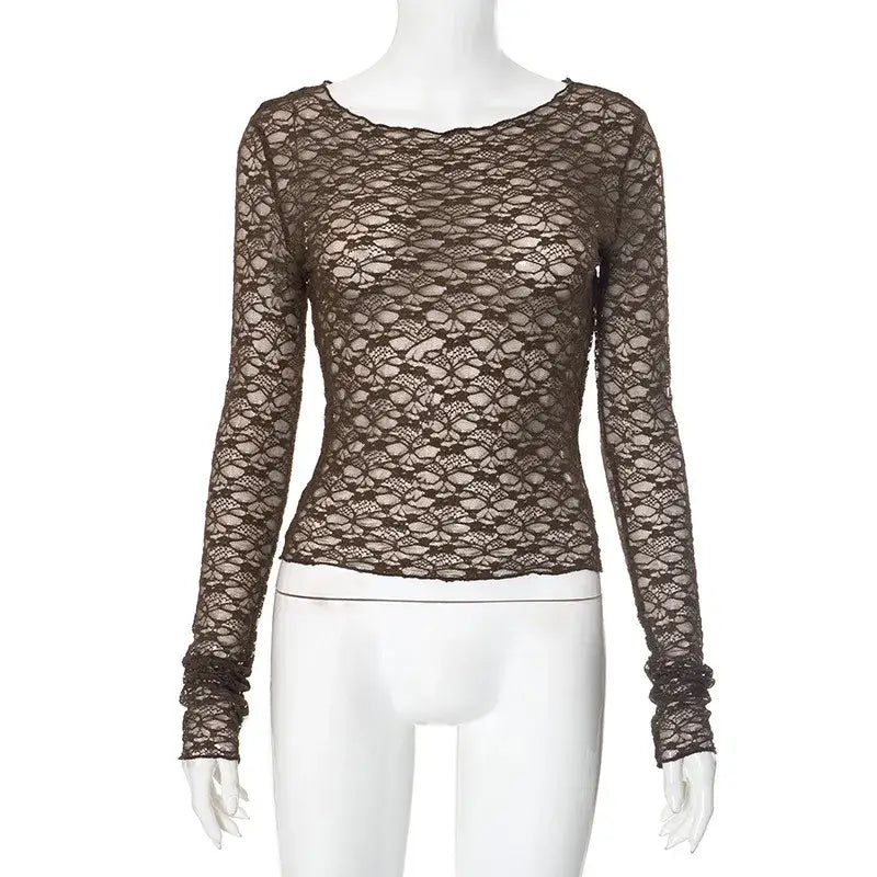 A delicate brown lace long-sleeved crop top with a fitted silhouette and ruched cuffs designed for women aesthetic clothes and aesthetic style.