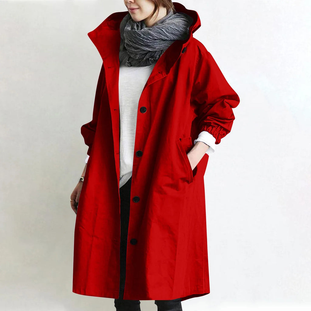 Trendy Women's Long Trench Coat Women's Solid Color Elegant Windbreaker Loose Comfortable Hooded Temperament Ladies Raincoat