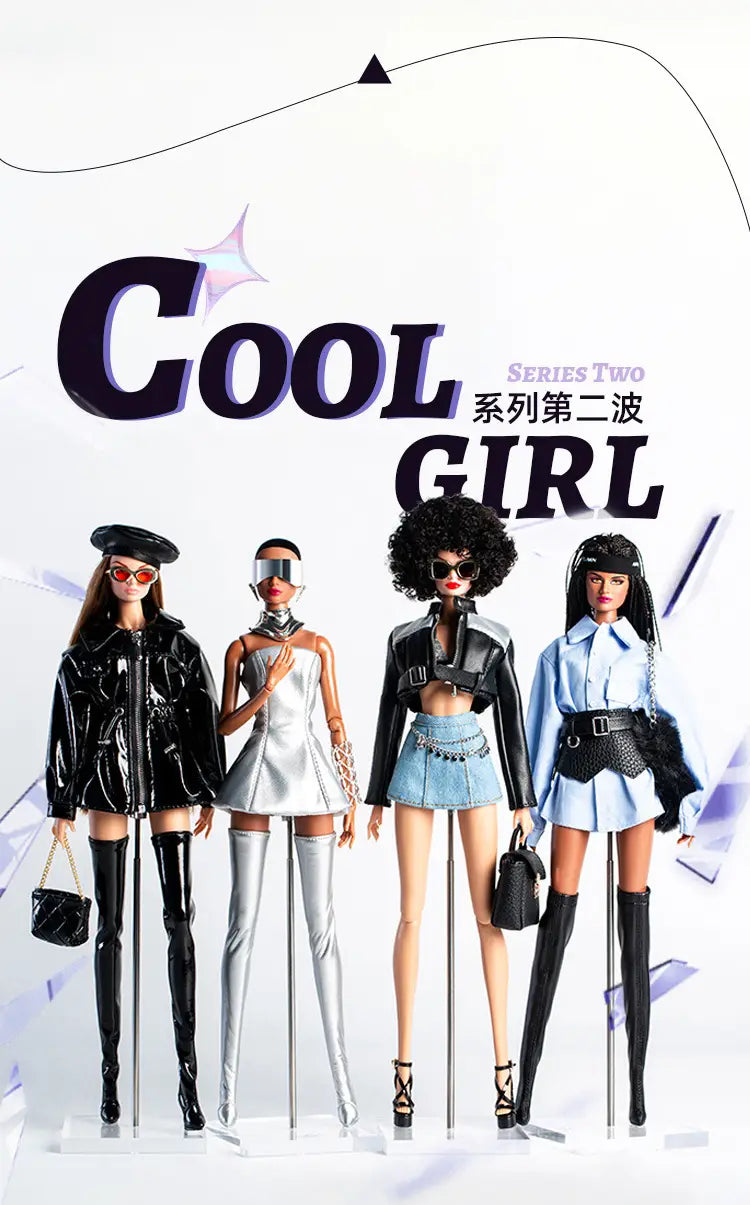 Four fashion-forward 30cm 1/6 model dolls wearing futuristic retro doll outfits with distinct accessories and stylish poses.
