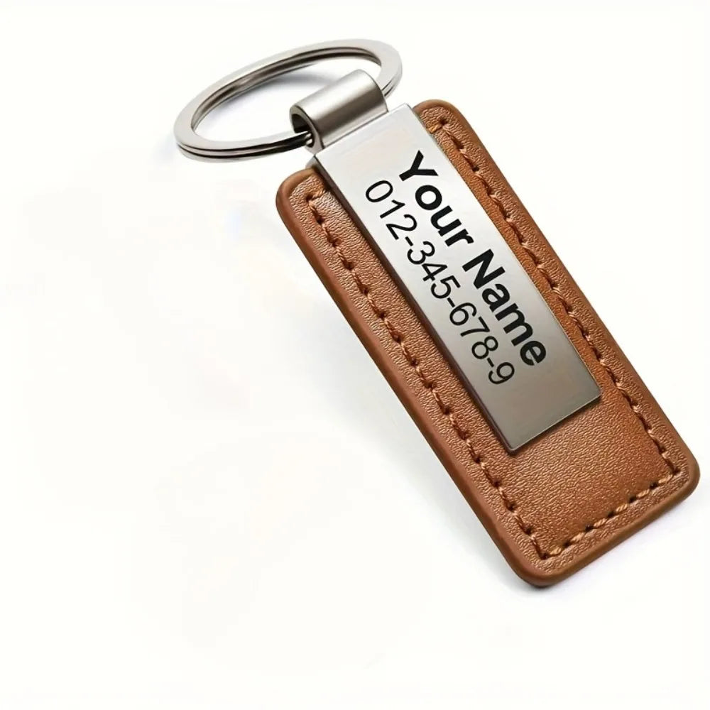Personalization PU Leather Keychain with Stainless Steel ID Tag - Customizable Name and Phone Number Key Chain for Men Gift