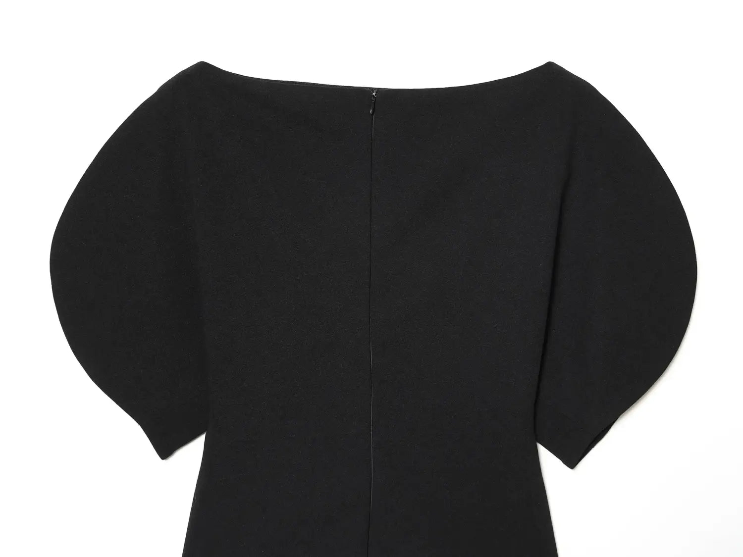 black puff sleeve dress shown from the back with voluminous sleeve style and a central zipper suitable for casual summer wear