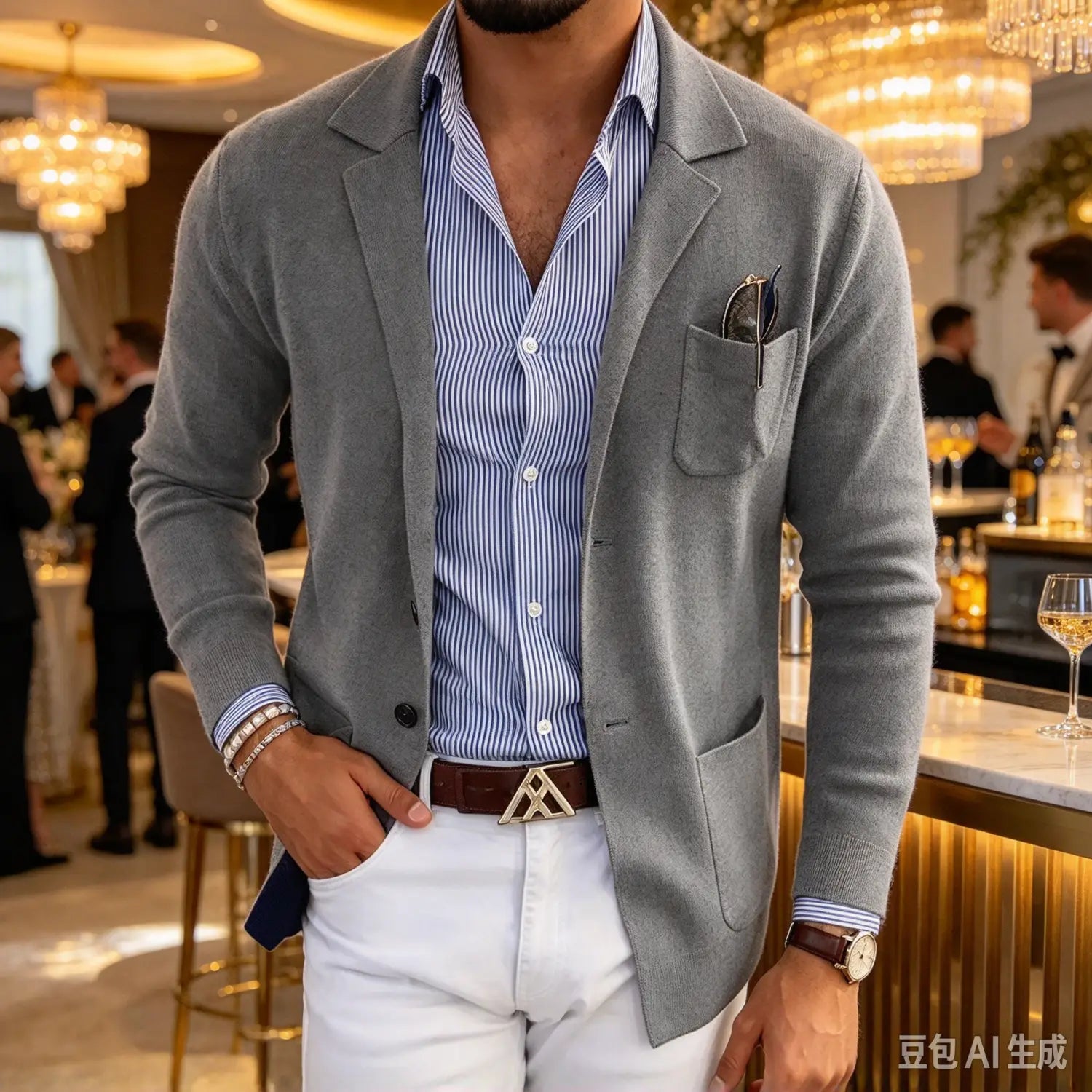 Chaqueta tipo blazer gris de punto, de ajuste entallado, para hombre, con textura sutil y solapas estructuradas, usada abierta sobre una camisa abotonada a rayas azul y blanca como chaqueta de traje.