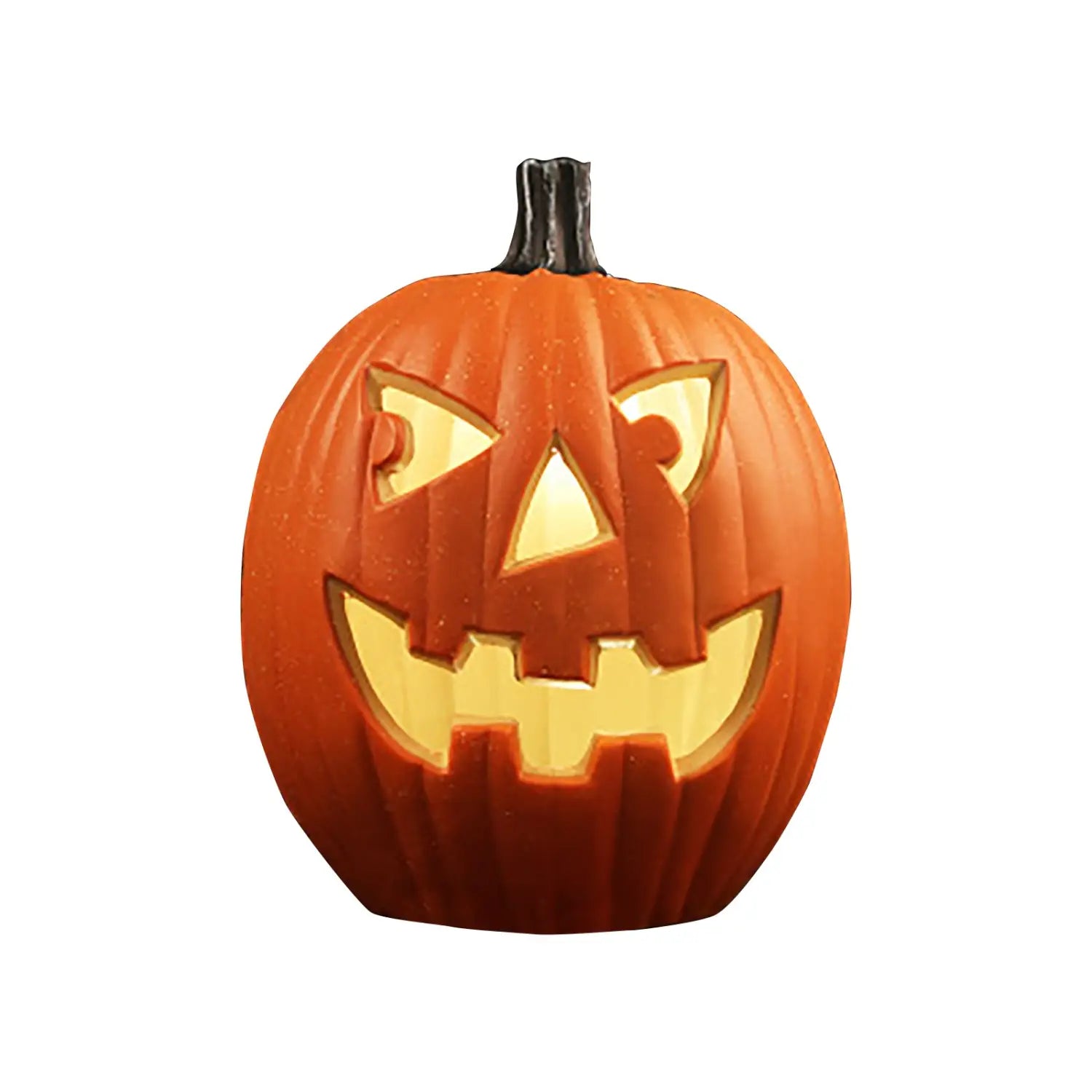 Décoration Halloween en jack-o’-lanterne en plastique orange avec yeux triangulaires et nez sculptés ainsi que des dents irrégulières, présentant une partie intérieure illuminée, pour la décoration du foyer intérieur extérieur et pour la décoration d’Halloween.
