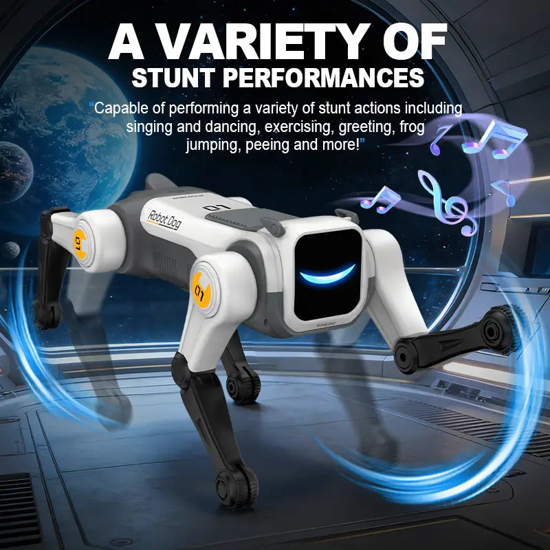 White and gray robot dog toy with black joints, yellow circular leg accents, and a glowing blue smiley face screen designed for voice control and stunts, ideal as a birthday gift dog toy.