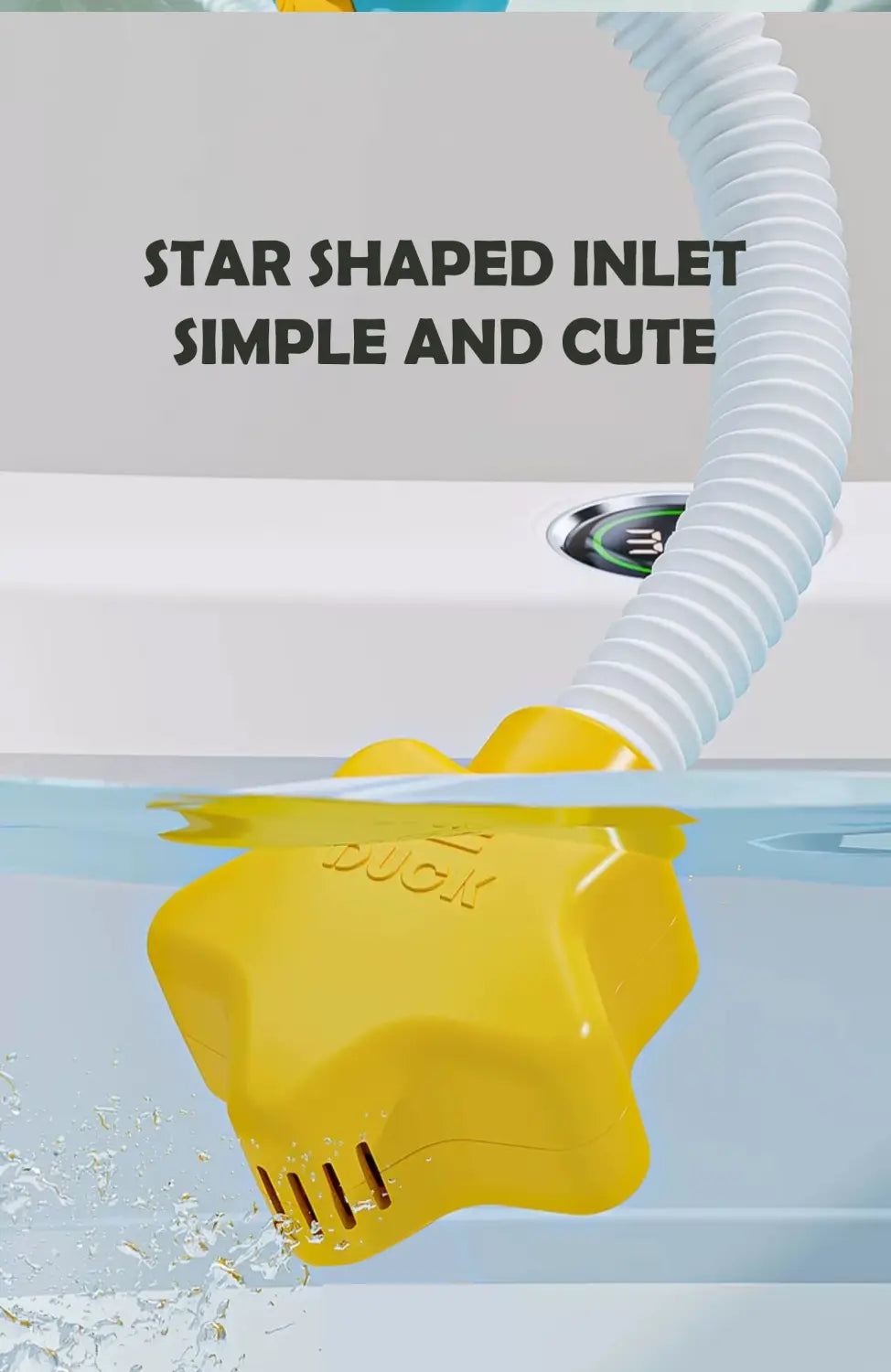 Jouet de bain électrique en forme d’étoile jaune vif en matériau souple, avec un tuyau blanc pour une sortie d’eau du robinet à jets, destiné aux enfants.