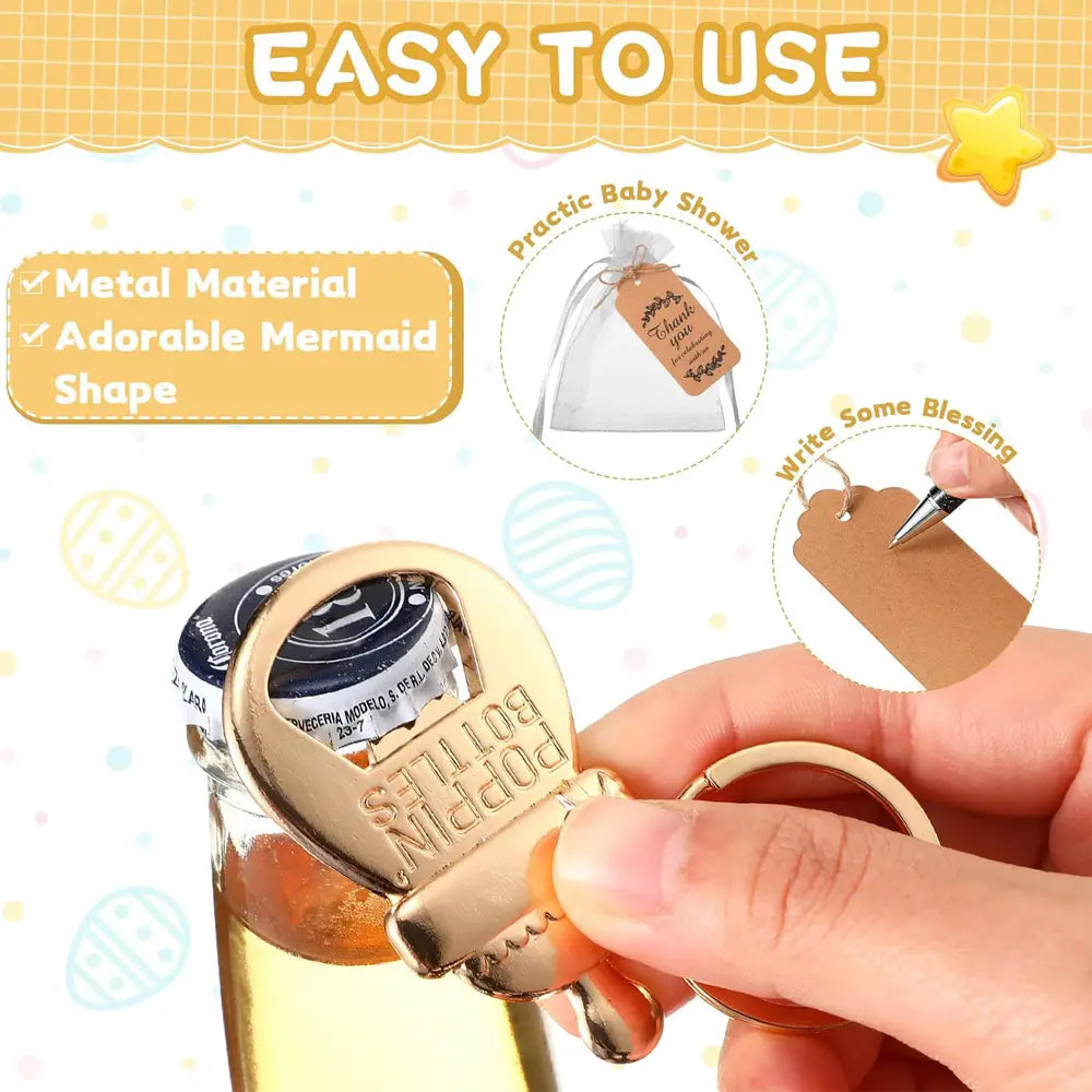 Gold-colored metal mermaid-shaped bottle opener with keyring attachment for baby shower bottle opener favors set.