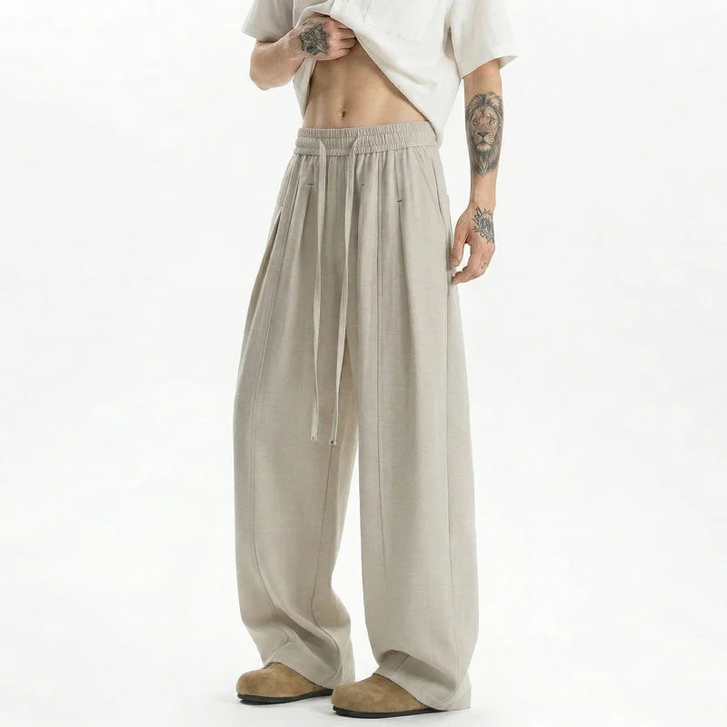 Mens Casual Pants Breathable 2026 new straight leg pants man Summer Drawstring Loose Drape Fit Solid Color Trendy Lightweight