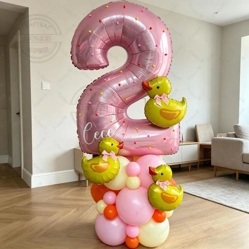 31pcs 32 Inch Pink Number 1-9 Birthday Balloon Set Mini Yellow Duck Balloon Cartoon Animal Theme Party Decoration Baby Shower