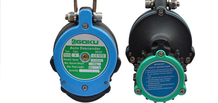 auto rope descender emergency escape device in blue and black with green label detailing specifications for controlled descent.