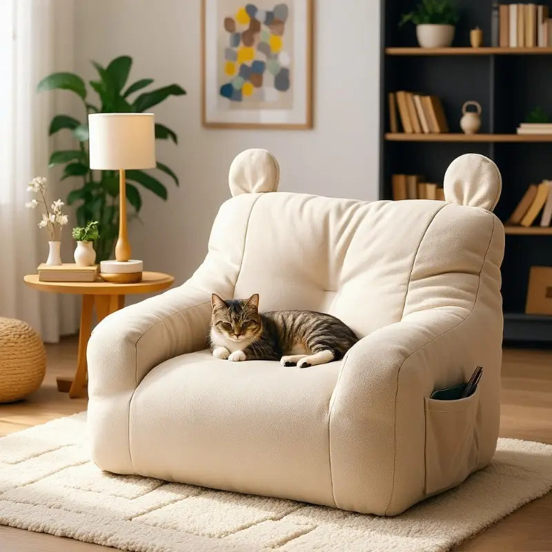 cream-colored plush cat sofa bed from mainland china with soft rounded ears on the backrest and a side pocket for storage
