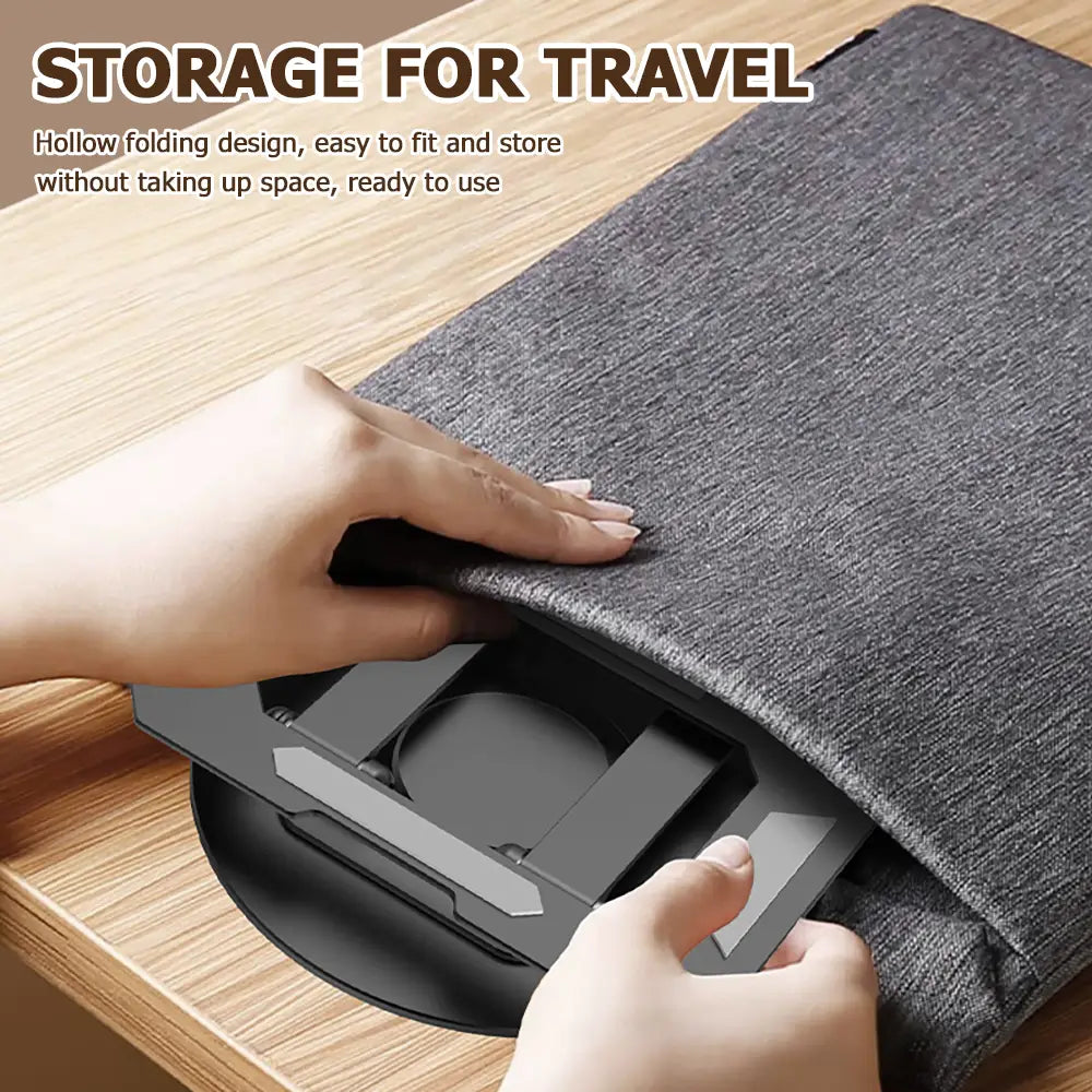 gray textured fabric travel storage pouch containing a black rotatable tablet stand adjustable foldable for convenient portable use