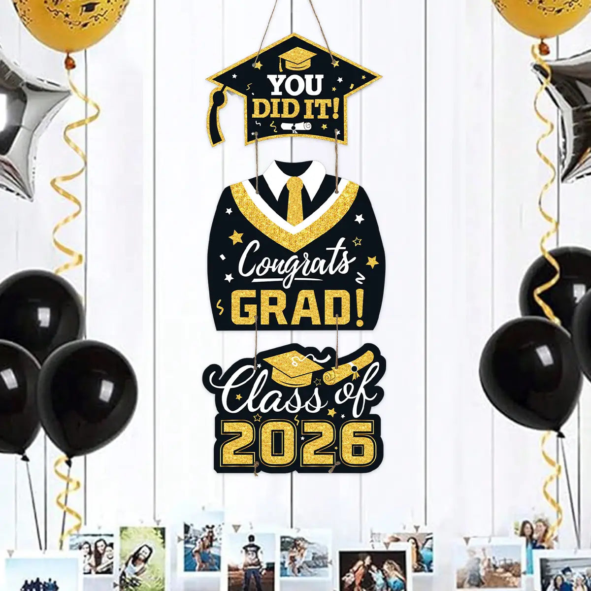 Class of 2026 graduation door hanging decor featuring black and gold mortarboard, gown, tie, and class of 2026 text for graduation celebrations.