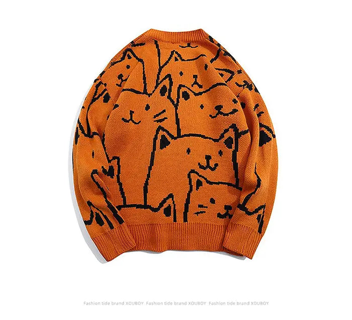 Pull orange au tricot présentant des illustrations de chats noirs dans un design ample surdimensionné style cartoon cat harajuku