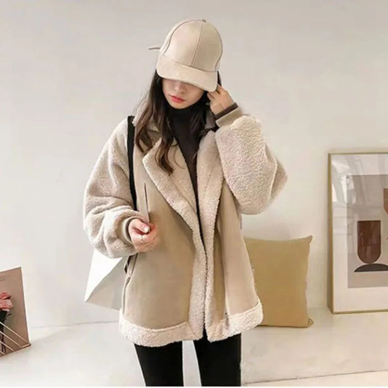 Winter Warm Fleece Jacket Women Fashion Suede Lamb Wool Patchwork Thicken Outerwear Female Loose Zipper Lapel Motorcycle Coats