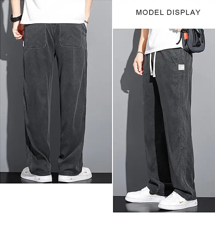 Men’s lyocell casual loose straight drawstring pants in dark gray corduroy with a relaxed fit and visible stitching details.