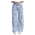 Women Jeans Casual Autumn Jeans Girls' Bow Cherry Print Baggy Jeans Wide Leg Mid-waisted Denim Pants Casual Streetwear Zipper