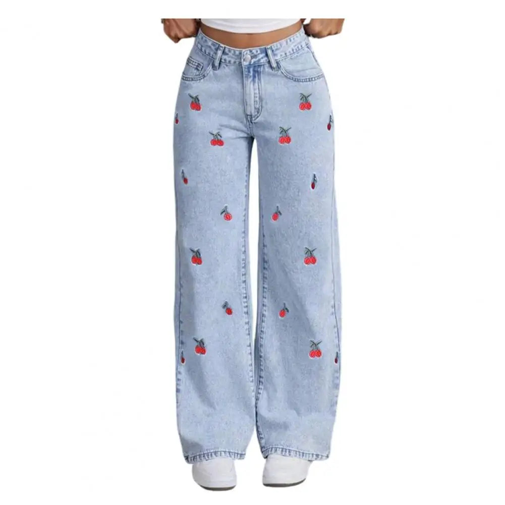 Women Jeans Casual Autumn Jeans Girls' Bow Cherry Print Baggy Jeans Wide Leg Mid-waisted Denim Pants Casual Streetwear Zipper