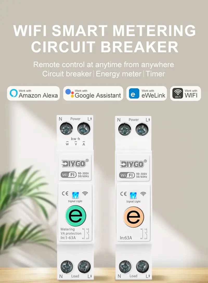 Weißer DIYGo DGB-63E WLAN-Smart-Leistungsschutzschalter mit grünen und orangefarbenen Anzeigeleuchten für die Live-Leitungs-Energieerfassung sowie Funktionen eines Zeitsteuerrelais.