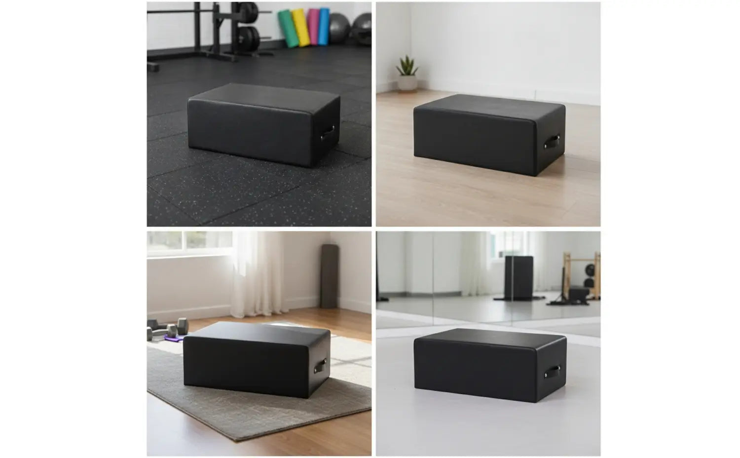 Schwarze rechteckige, gepolsterte Fitnessbox mit glatter, gepolsterter Oberfläche und kleinem Griff auf einer Seite zur Verwendung für Pilates und das Home-Gym.