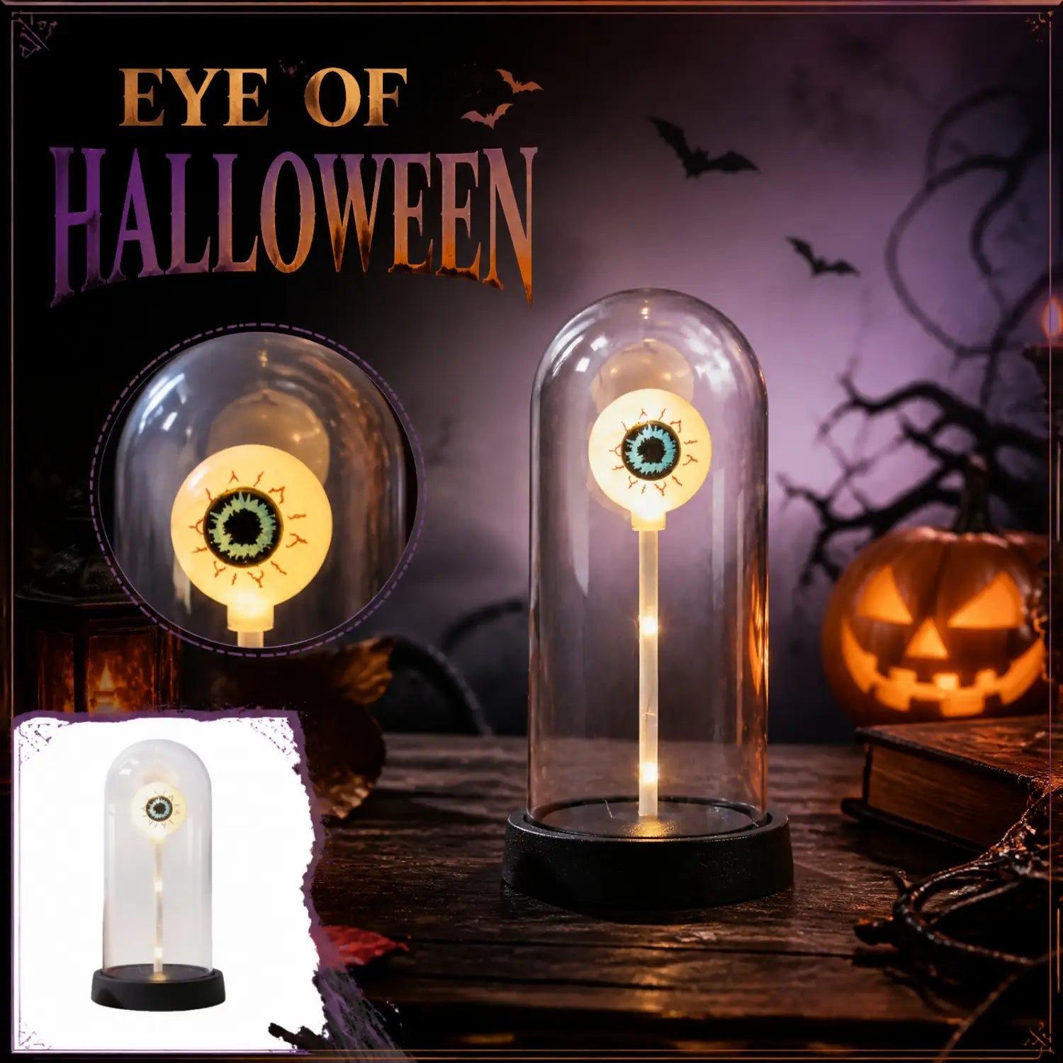 Halloween lights decorations glass dome eye lamp featuring an illuminated eye design encased in clear glass with a black base.