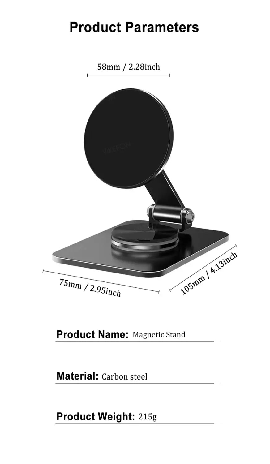 Soporte magnético para teléfono en acero al carbono negro con la parte superior circular y base rectangular, mostrado desde el frente como soporte para iPhone pro max.