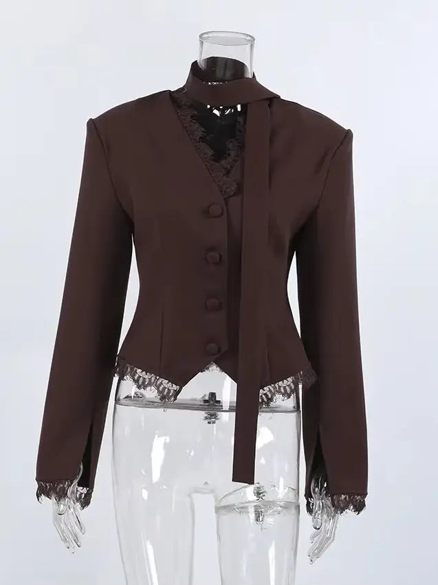 Elegant Lace Patchwork Blazer With Scarf Women Chic V-neck Single Breasted Short Coat Jacket 2026 Autumn Winter Women Outwear