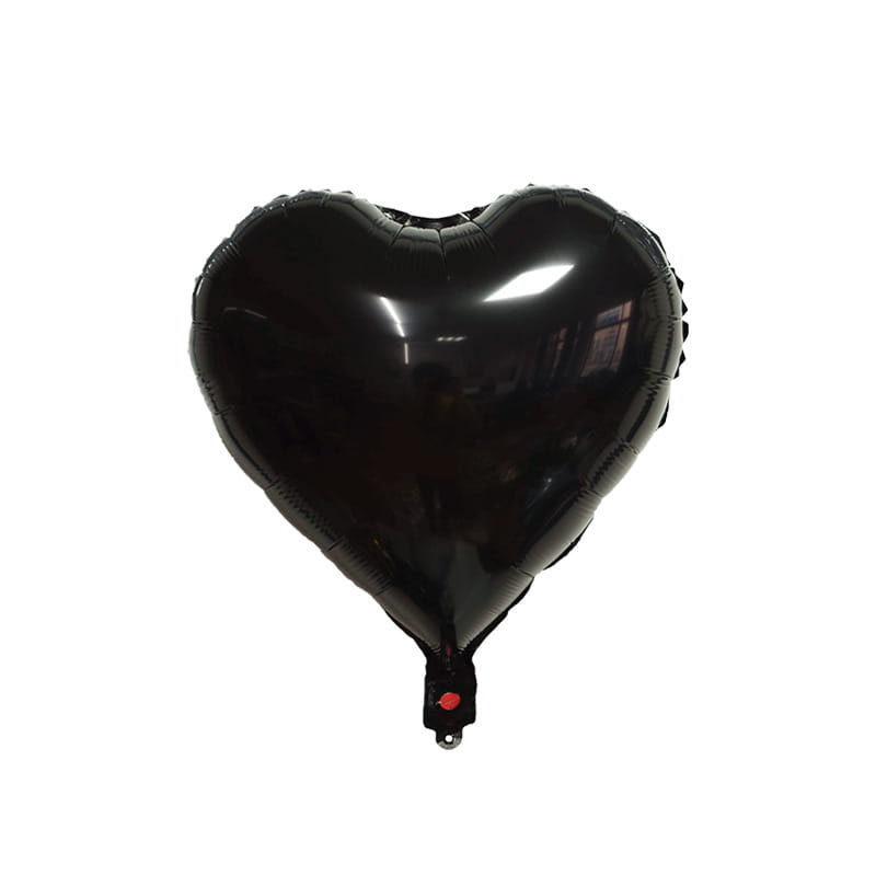 A glossy black heart-shaped foil balloon with a reflective surface and a small red valve at its base designed for wedding car balloon package couple decor.