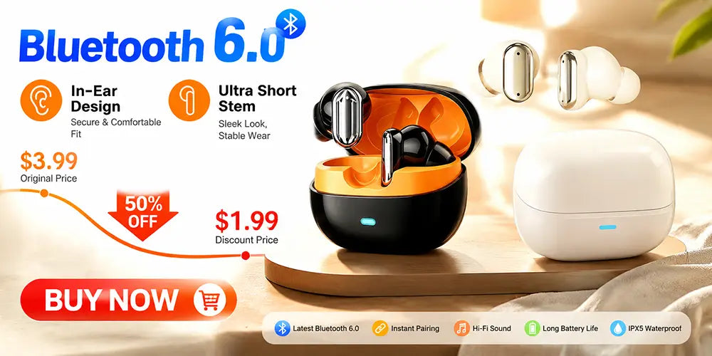black and orange bluetooth ear hook headphones wireless sports earbuds with sleek ultra-short stem design in an open charging case